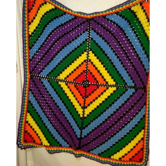 Handmade Crochet Afghan Blanket Rainbow Geometric Stripe Pride Decor Square READ - Picture 4 of 14